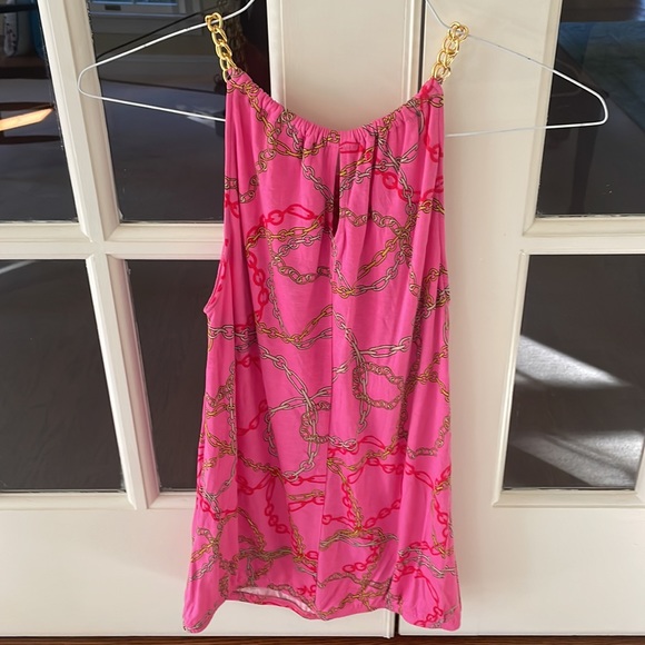 🌿NY&Co pink chain link print top with gold straps - size XS🌿 - Picture 2 of 3